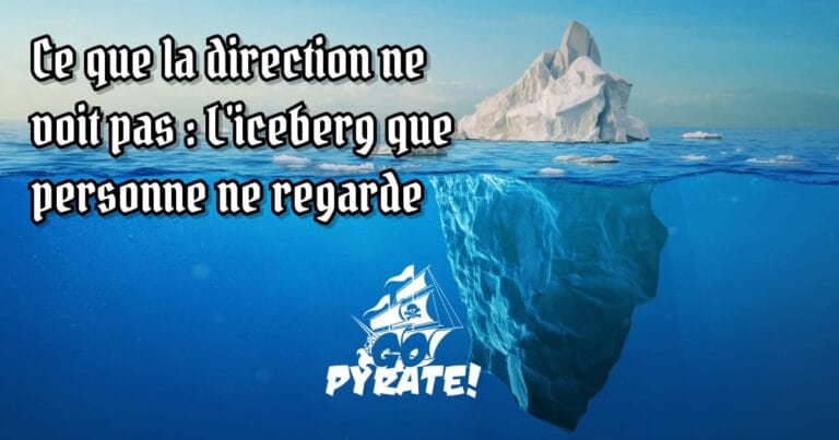 Un iceberg qui est beaucoup plus profond sous l'eau que ce qui en sort, avec le titre "Ce que la direction ne voit pas : L'iceberg que personne ne regarde"